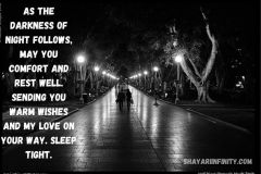 As the darkness of night follows, may you comfort and rest well. Sending you warm wishes and my love on your way. Sleep tight.
